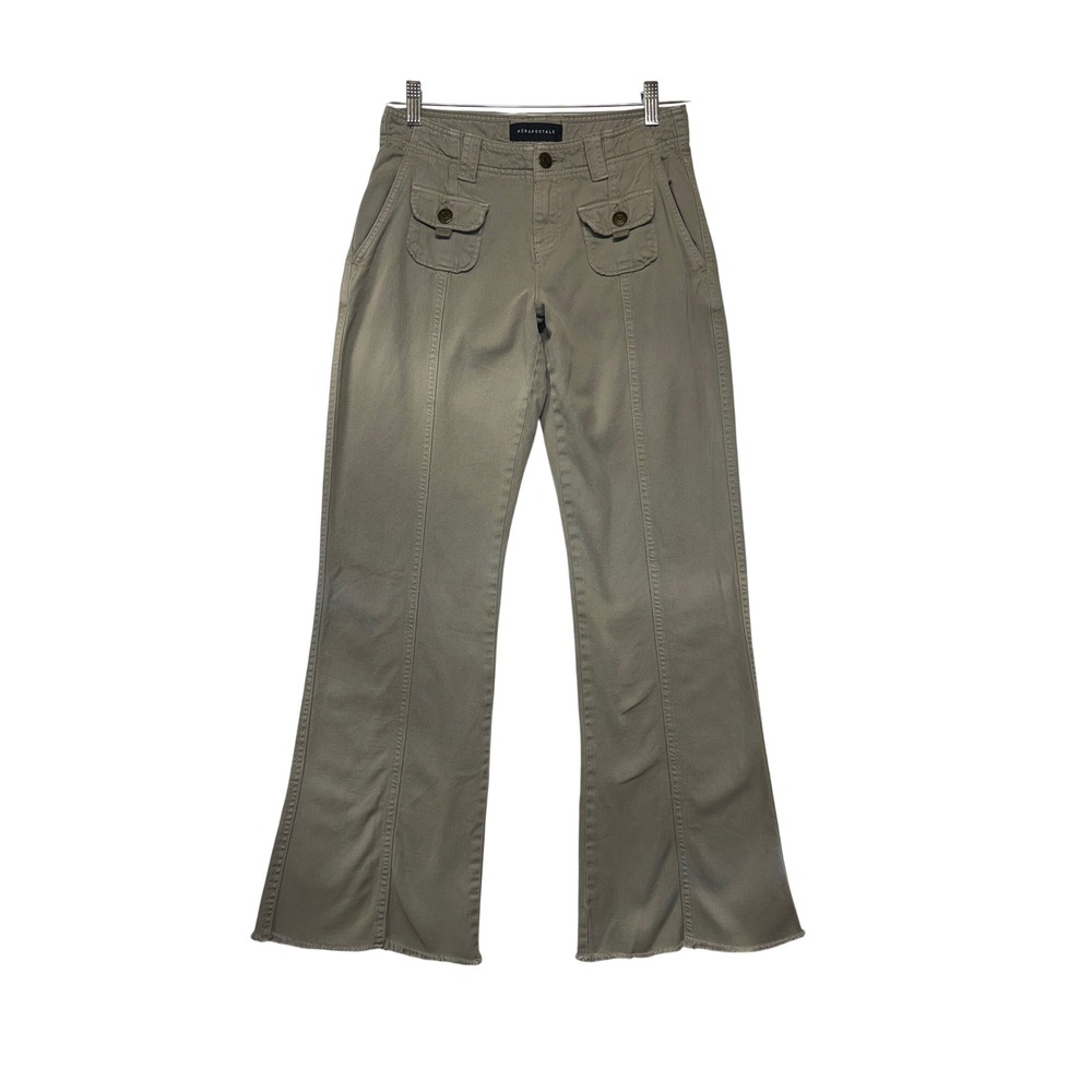 Aeropostale‎ Womens Low Rise Flare Pants Olive Green Cotton Tencel Sz 0 Y2K Boho